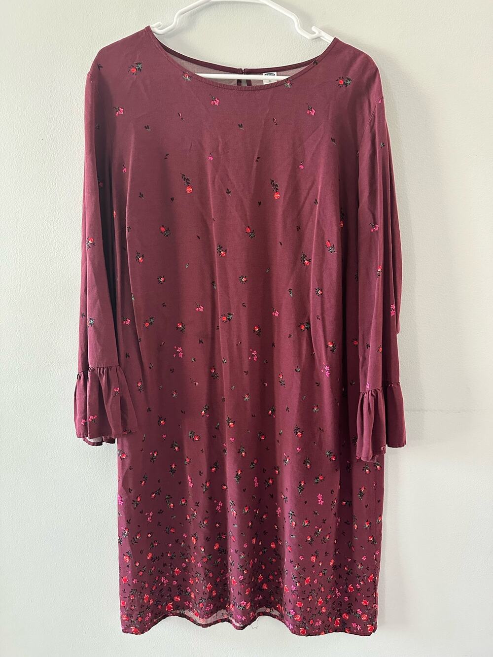 Old Navy Dress Women's XL Burgundy Floral Bell Sleeve Mini Feminine Boho Hippie